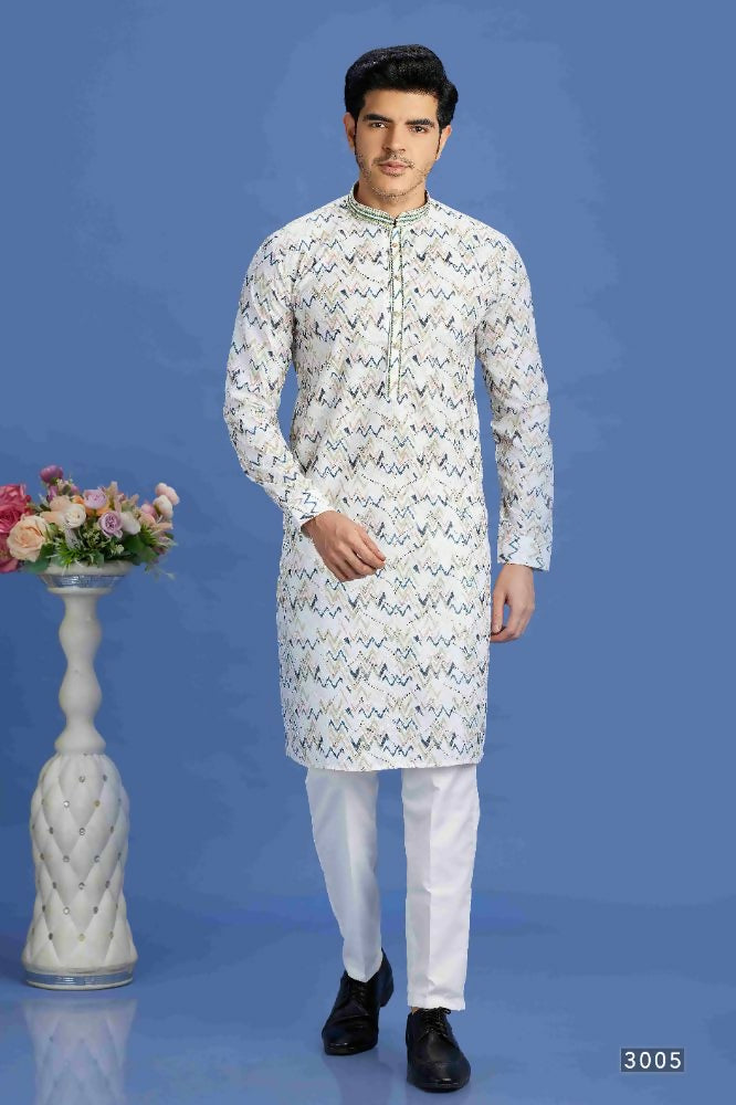 Raivat Ethnic Cotton Embroidery Kurta Pajama In Blue Colour - Dista
