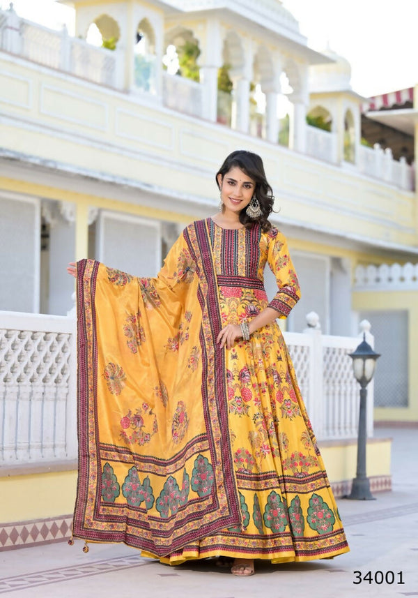 Partywear Designer Yellow Dola Silk Anarkali suit with Dupatta - Suzen - Distacart
