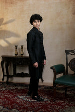 Thumbnail for Falling Raw Silk Black Kajal Phool Kurta Set By Hilo Design