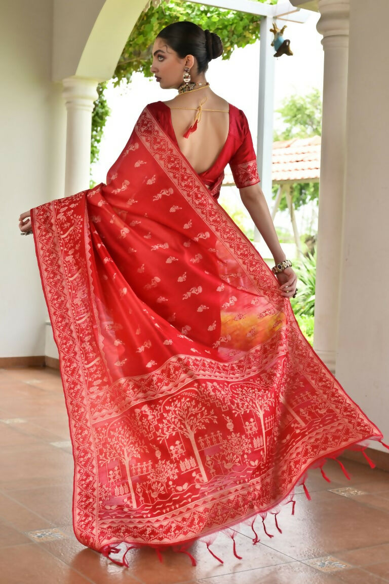 Vishnu Weaves Women's Red Handloom Raw Silk Thread Weaving Saree with Blouse