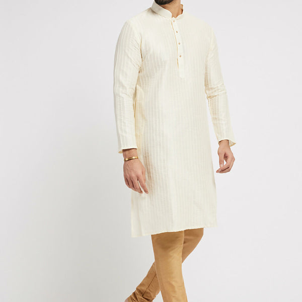 Ethnic India Cream Men's Kurta Striped Polyester - Distacart