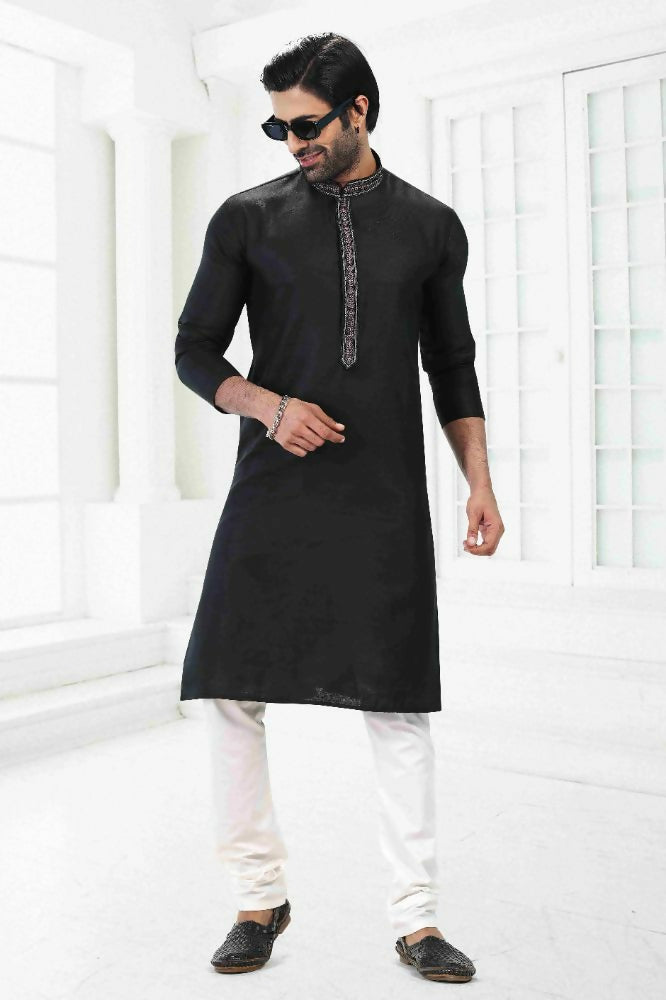 Raivat Ethnic Linen Cotton Thread Work Kurta Pajama In Black Colour - Dista