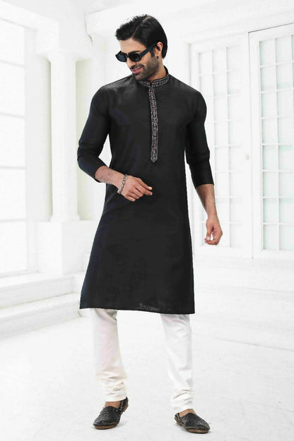 Raivat Ethnic Linen Cotton Thread Work Kurta Pajama In Black Colour - Dista