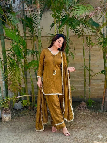 Teeya Creation New Trendy Elegant Gold Chanderi Silk Kurta Set with Delicate Lace Detailing and Matching Dupatta - Dista