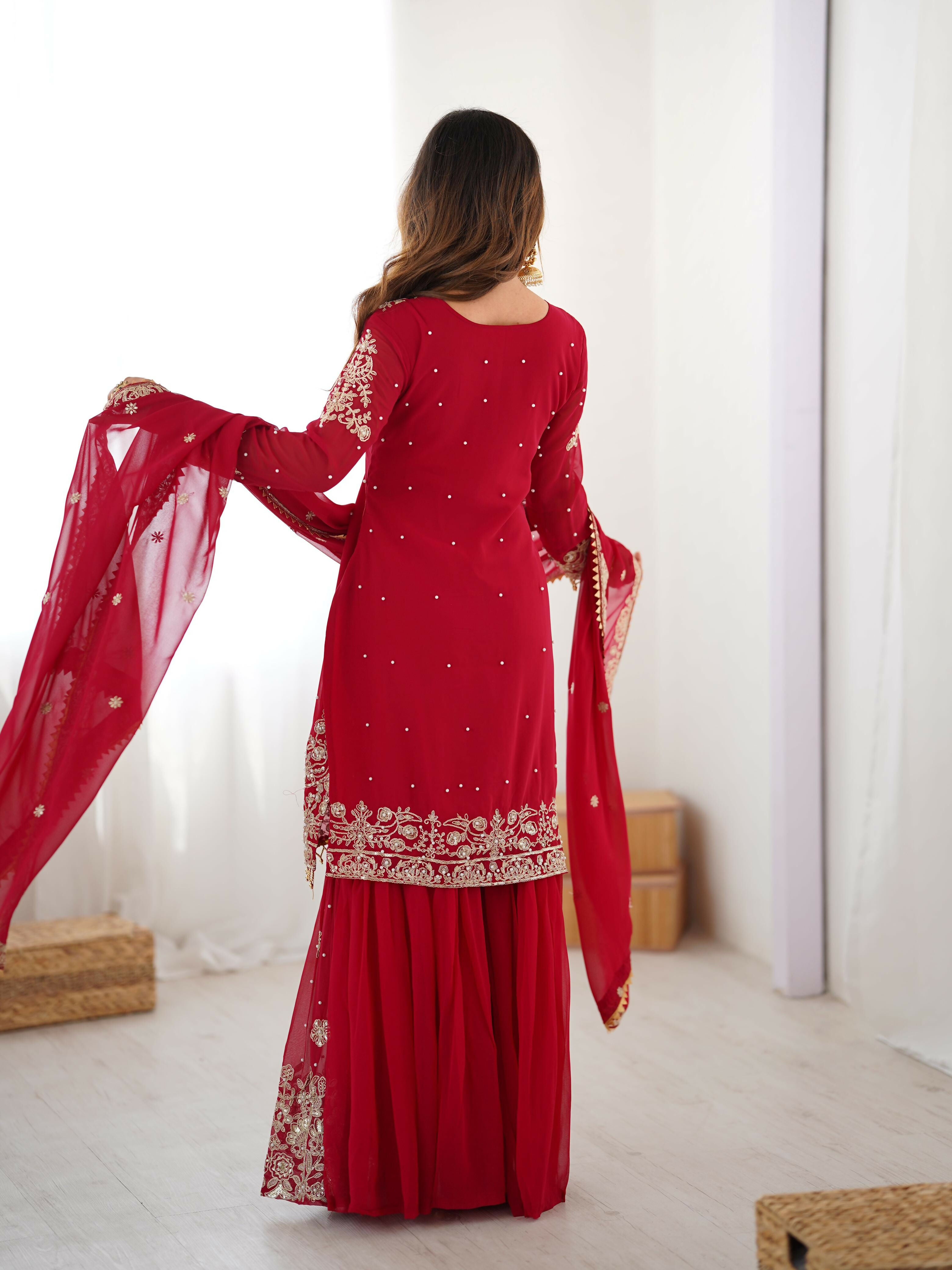 Joban Fashion Red Sharara Georgette Thread with Sequins work