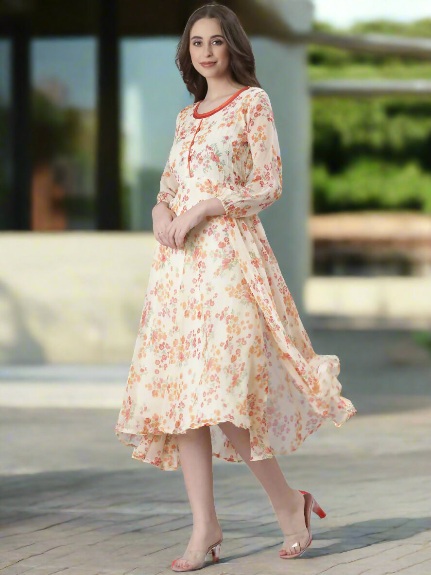 Souchii Cream Floral Printed Fit & Flare Dress