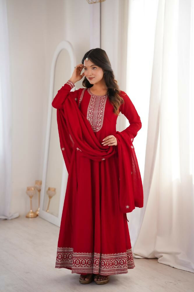 Lehenga Mart Designer Anarkali Suit With Kurta, Dupatta For Women-Dark Red - Distacart