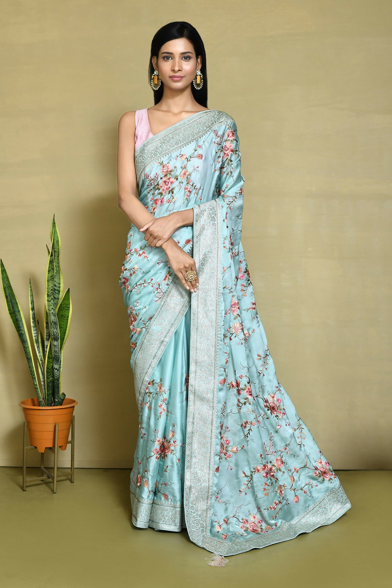 Blue Satin Silk Embroidered With Woven Design Border Festive Saree - Nimaya Denzy - Distacart