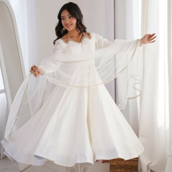 Lehenga Mart Designer Anarkali Suit With Kurta, Pant, Dupatta For Women-White - Distacart