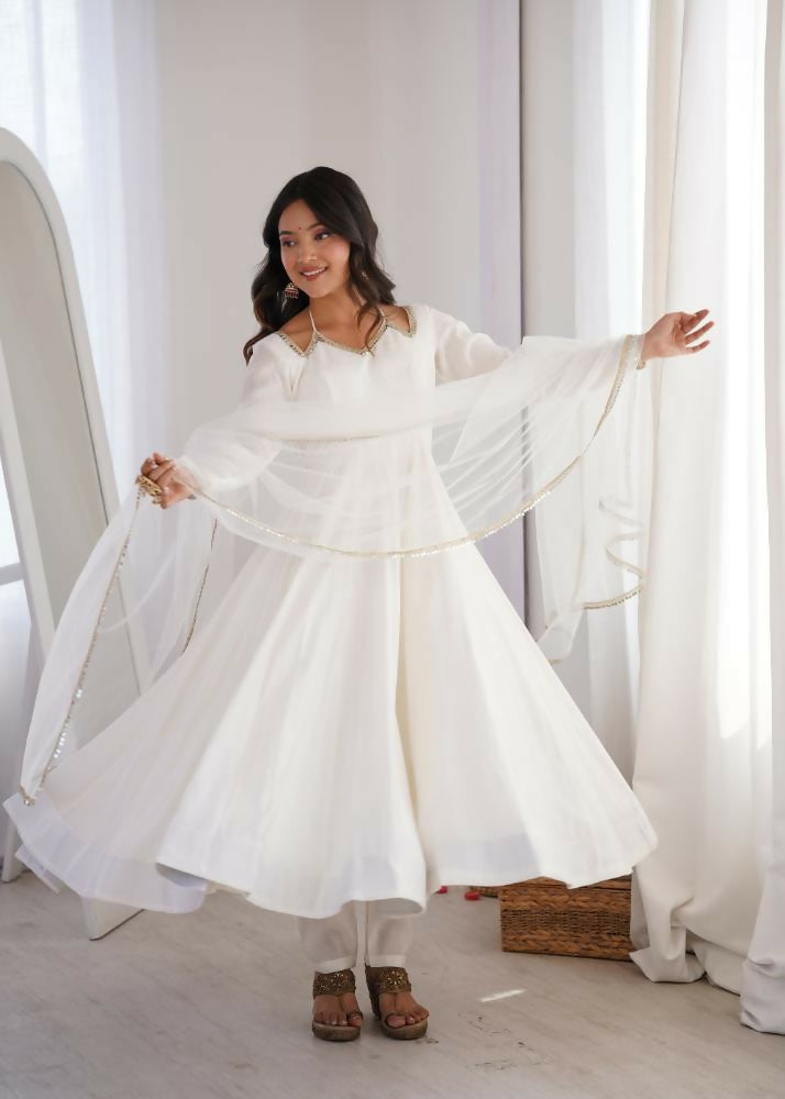 Lehenga Mart Designer Anarkali Suit With Kurta, Pant, Dupatta For Women-White - Distacart