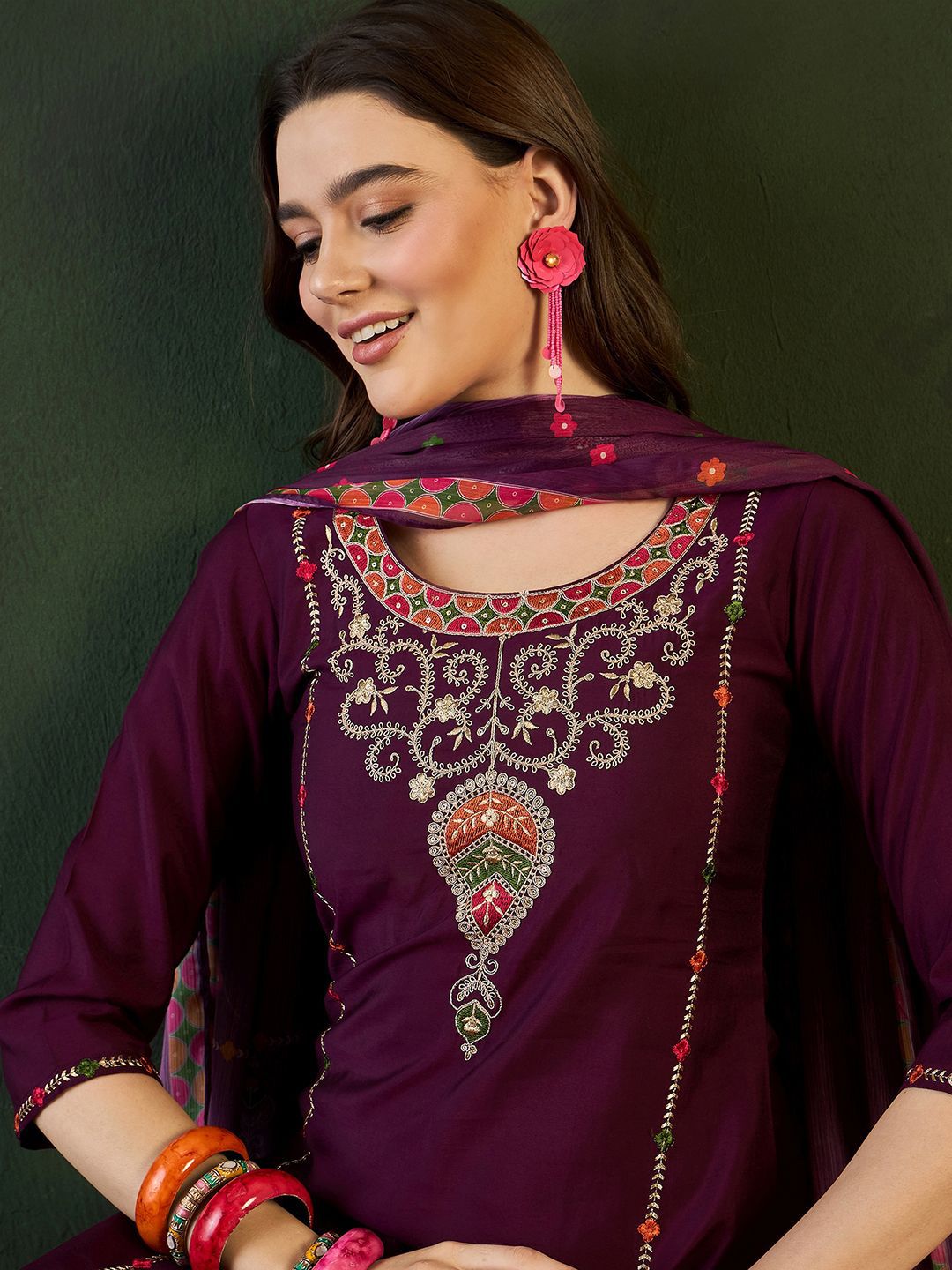 Sangria Embroidered Zari Sequence Kurta With Trousers & Dupatta Set - Distacart