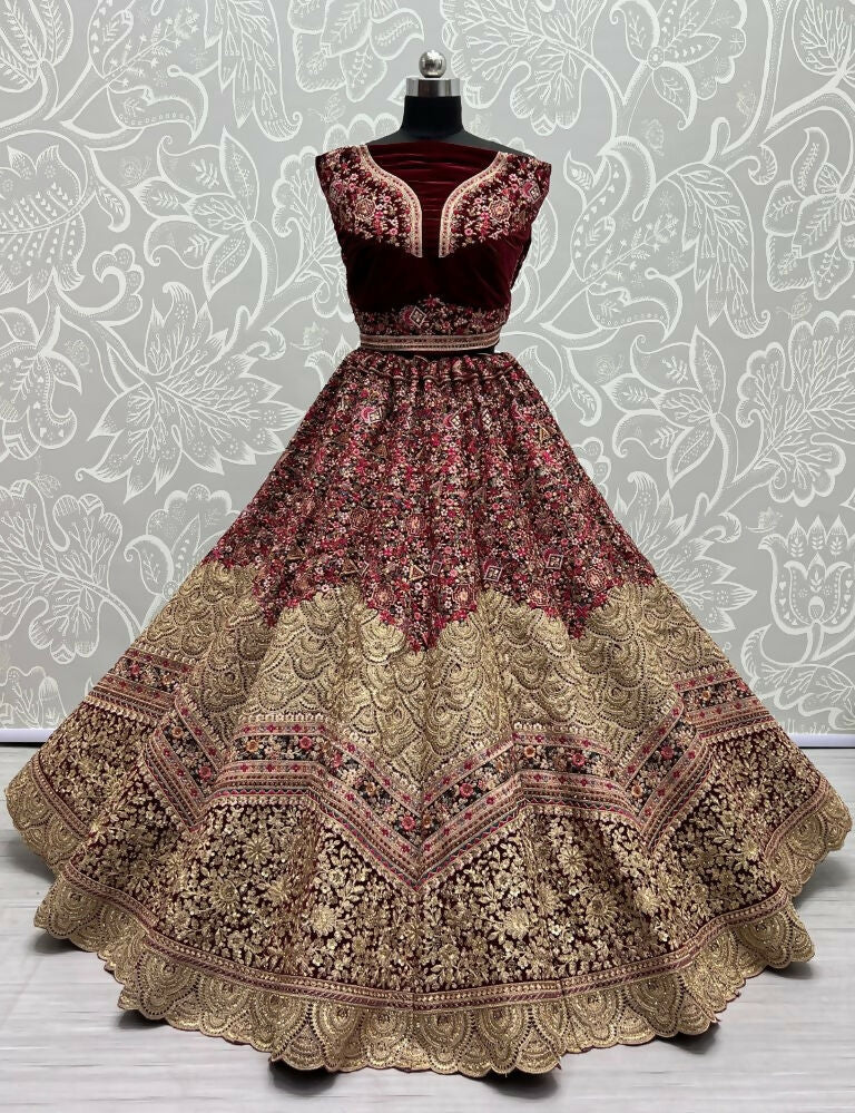 Jyoti Fashion Women's Maroon Velvet Fancy Dori & Sequins Multi Thread Embroidered with Diamond Work Wedding Lehenga Choli - Distacart