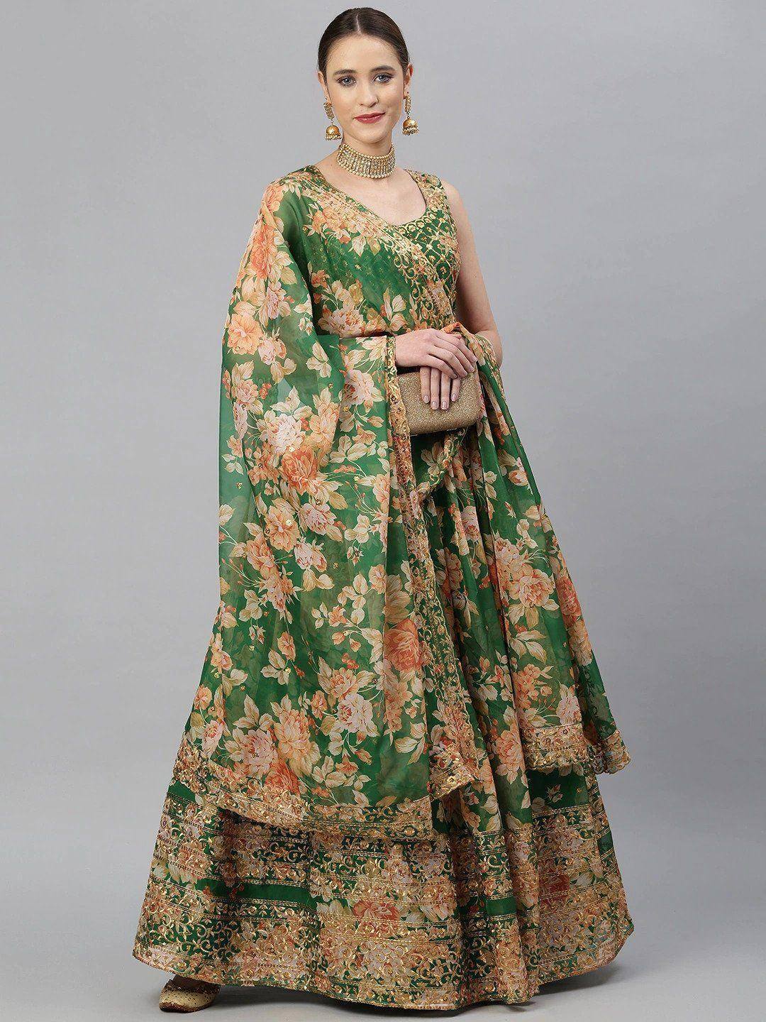Tulsi Art Green & Peach-Coloured Embellished Sequinned Semi-Stitched Myntra Lehenga & Unstitched Blouse - Dista