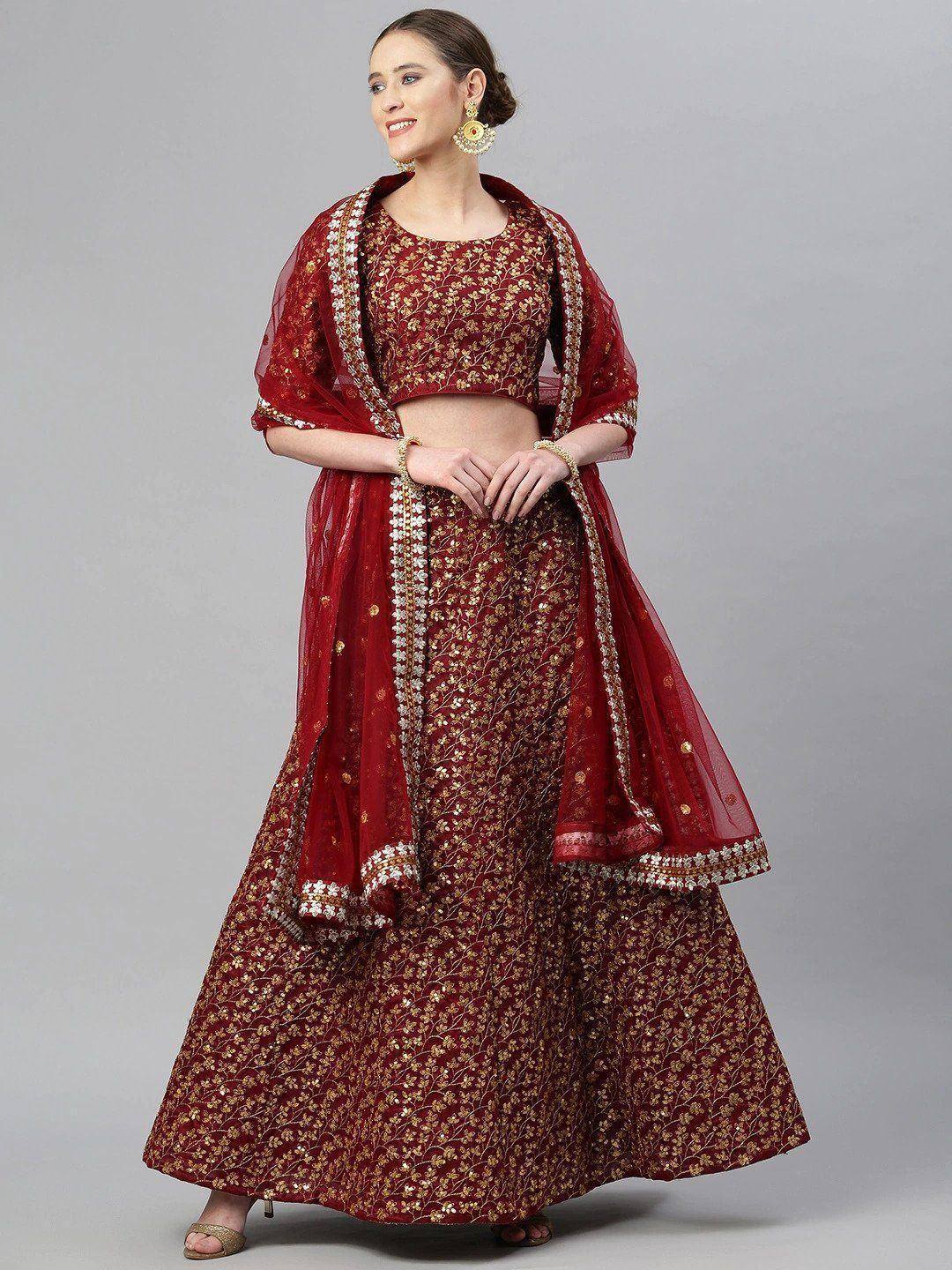 Tulsi Art Maroon & Golden Semi-Stitched Myntra Bridal Lehenga & Unstitched Blouse With Dupatta - Dista