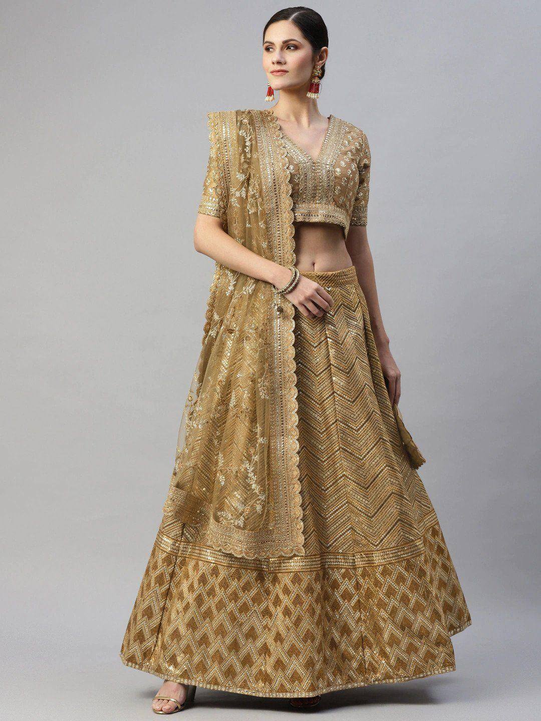 Tulsi Art Beige Embroidered Sequinned Unstitched Myntra Lehenga & Blouse With Dupatta - Dista