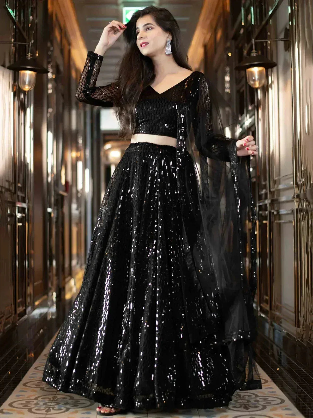 Tulsi Art Black Sequins Heavy Net Party Wear Lehenga Choli With Dupatta - Dista
