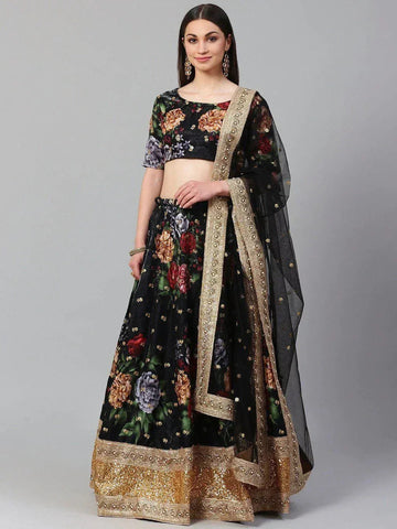 Tulsi Art Black & Grey Printed Semi-Stitched Myntra Lehenga & Unstitched Blouse With Dupatta - Dista