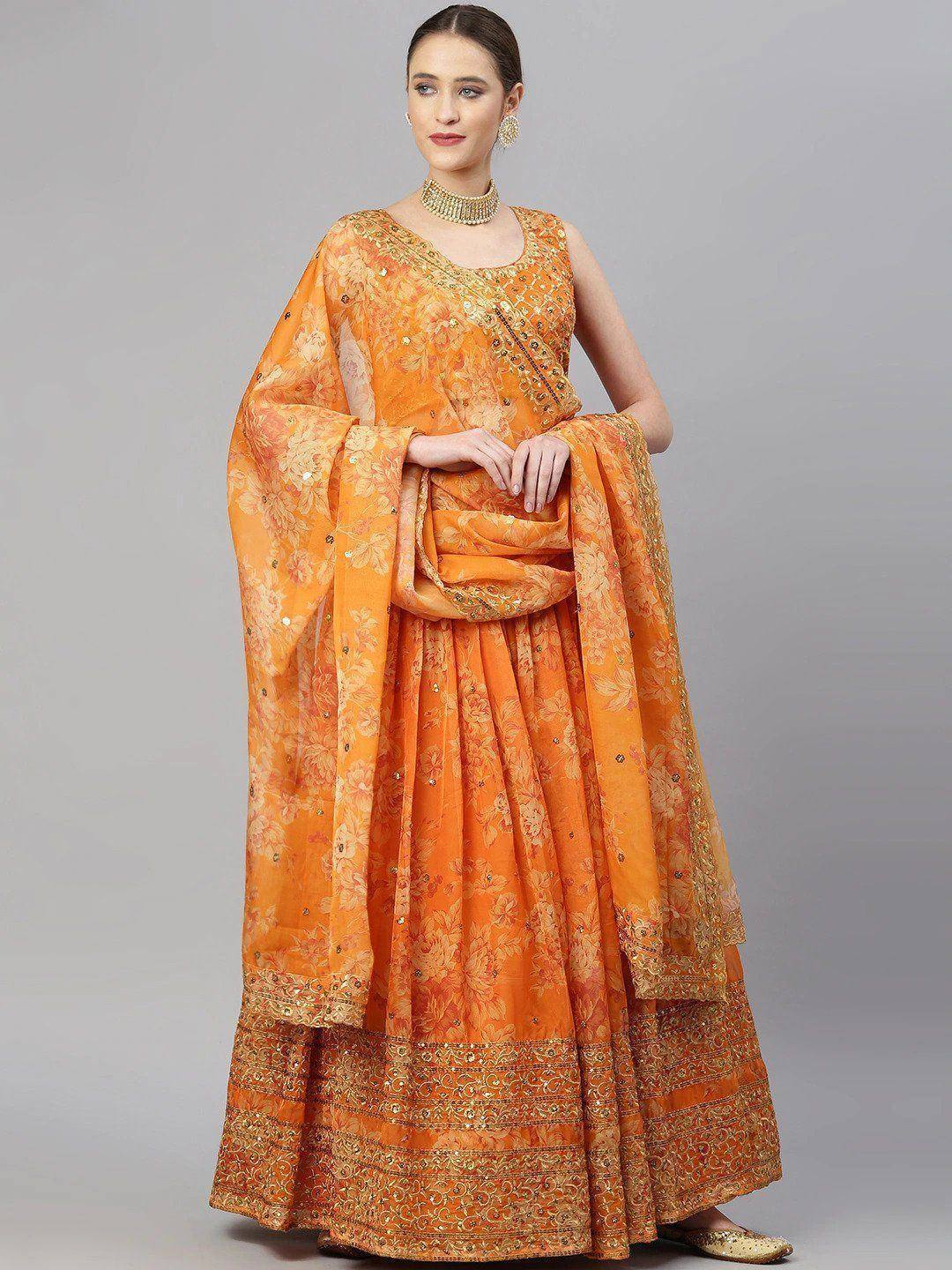 Tulsi Art Orange & Gold-Toned Embellished Sequinned Semi-Stitched Myntra Lehenga & Unstitched Blouse - Dista