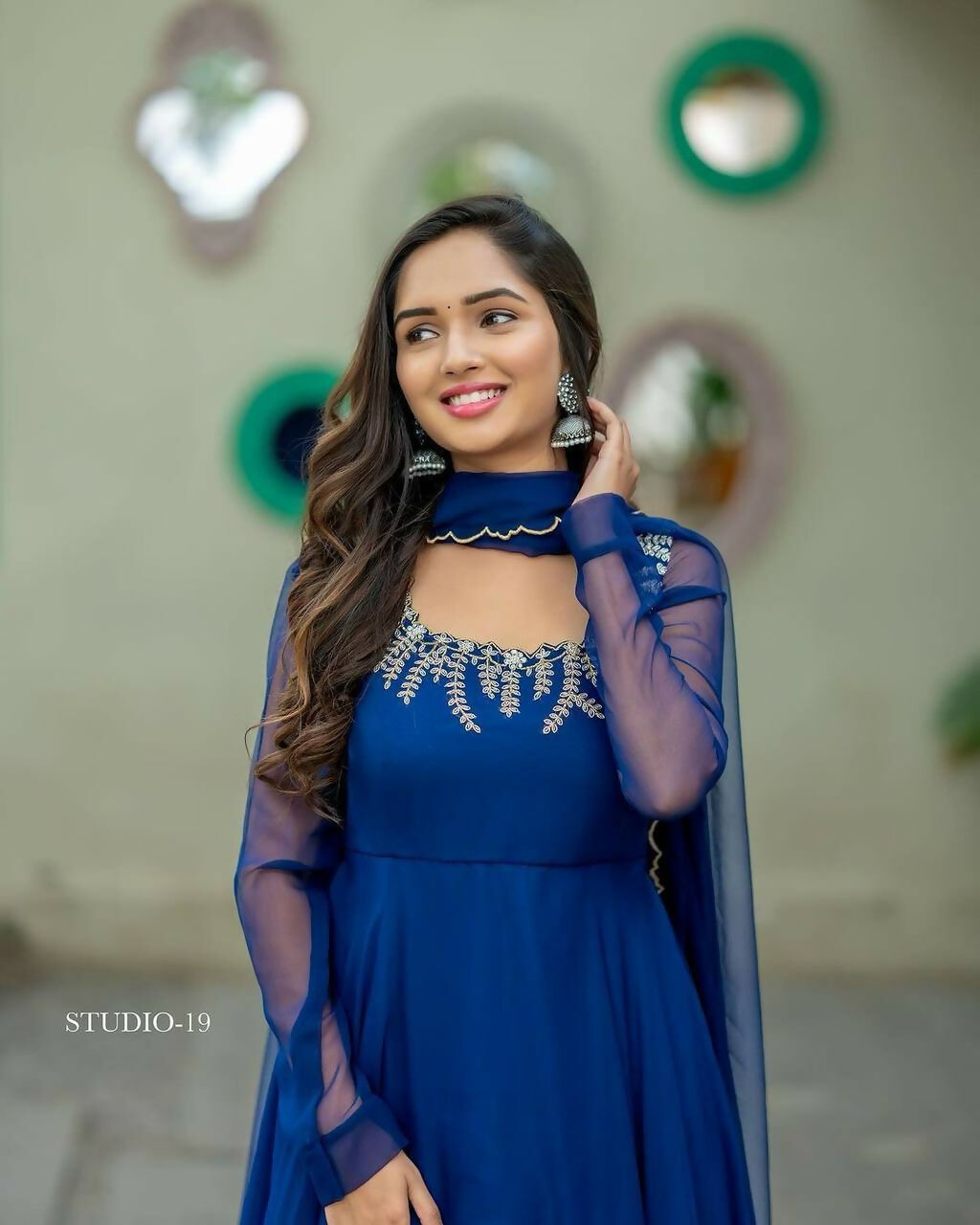 Preksha Creation Women Blue Georgette Anarkali Gown With Work Dupatta With Lace - Blue - Distacart