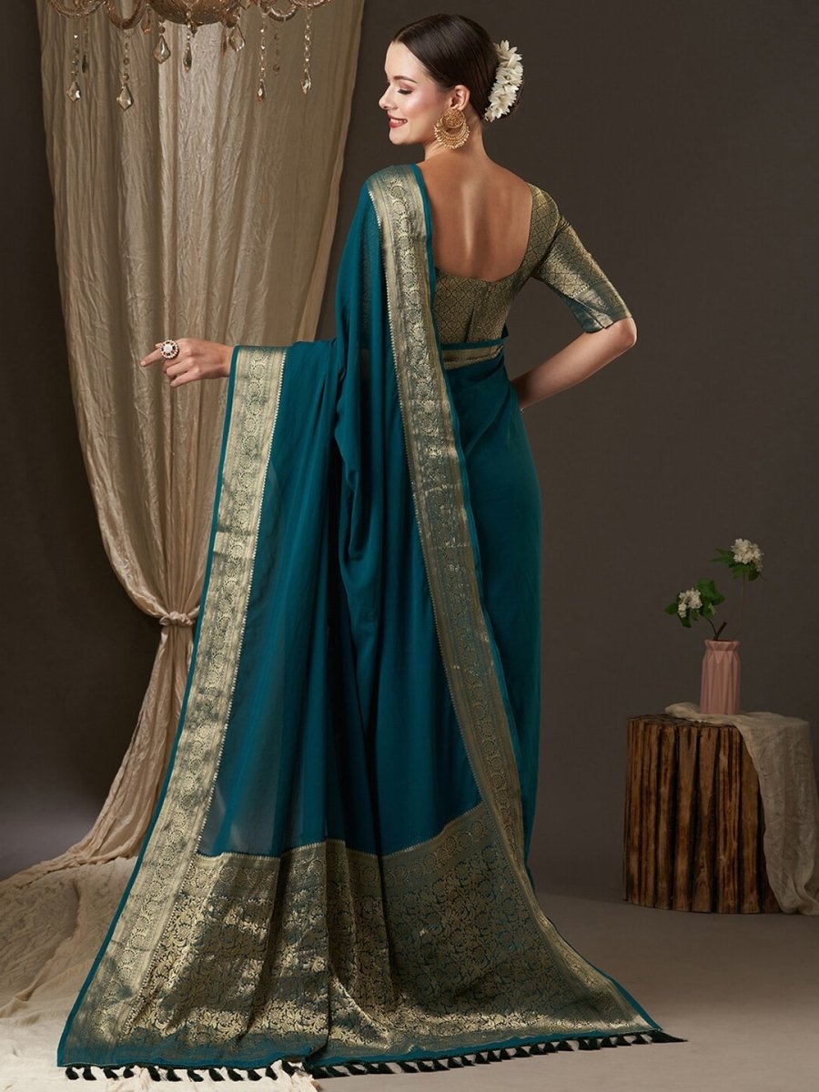 Anouk Teal & Gold-Toned Zari Pure Georgette Kanjeevaram Saree - Distacart