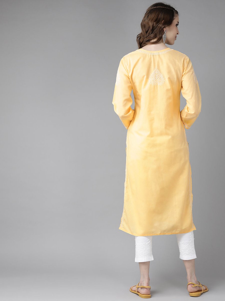 ADA Women Yellow & White Cotton Sustainable Hand Embroidered Chikankari Kurta & Trousers - Distacart