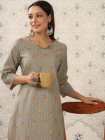 Thumbnail for Ode by House of Pataudi Grey & Red Floral Printed Notched Neck Kurta With Palazzos - Distacart