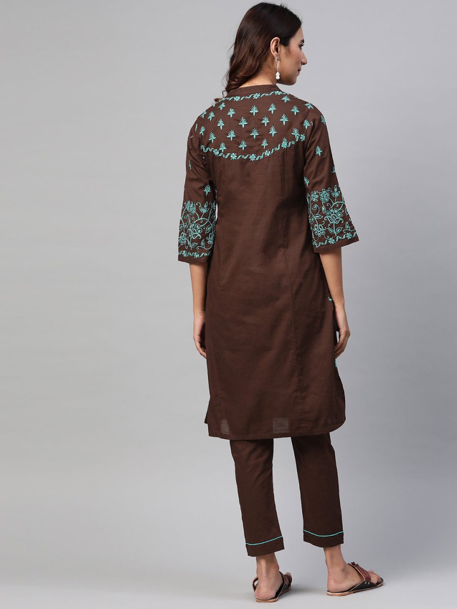 ADA Women Brown & Green Chikankari Embroidered Handloom Kurta with Trousers - Distacart