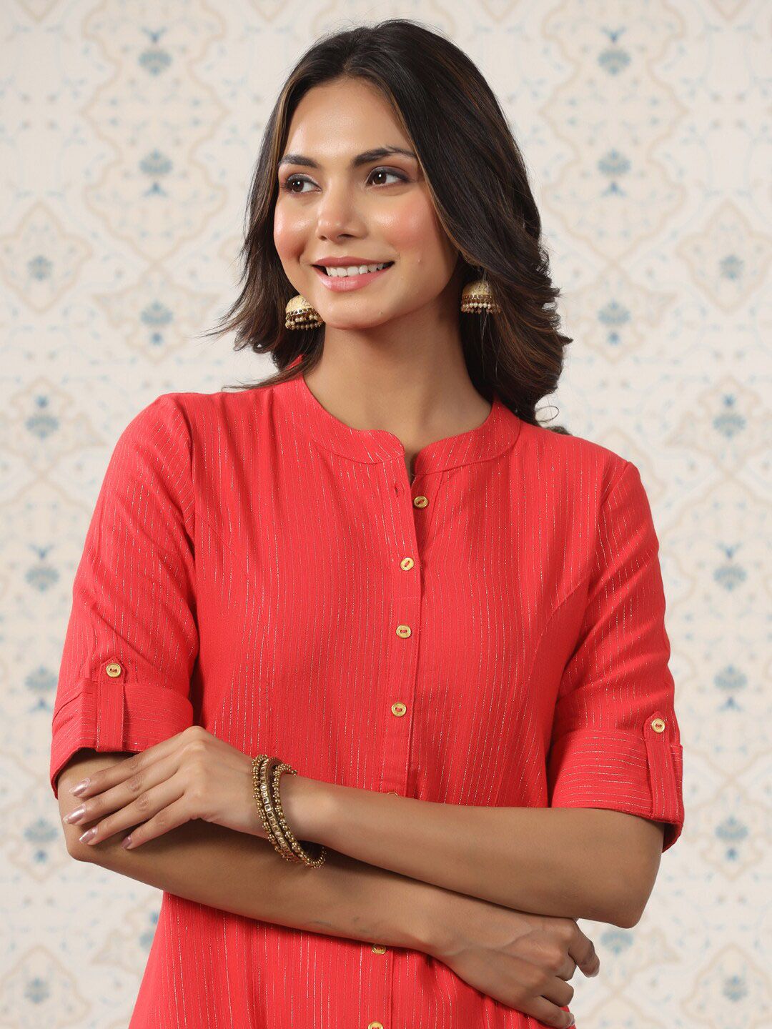 Ode by House of Pataudi Striped Mandarin Collar Roll Up Sleeves Kurta with Palazzos - Distacart