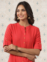 Thumbnail for Ode by House of Pataudi Striped Mandarin Collar Roll Up Sleeves Kurta with Palazzos - Distacart