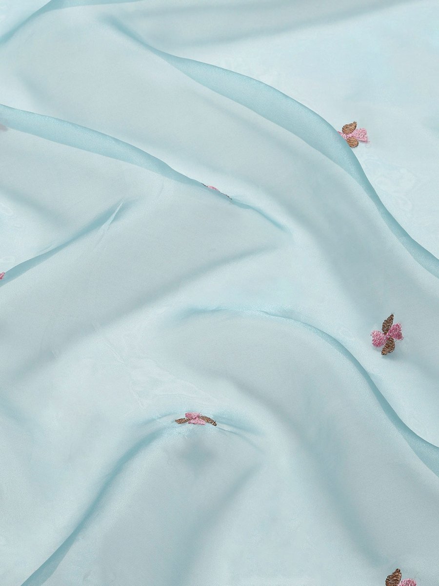 Anouk Blue & Pink Floral Organza Saree - Distacart