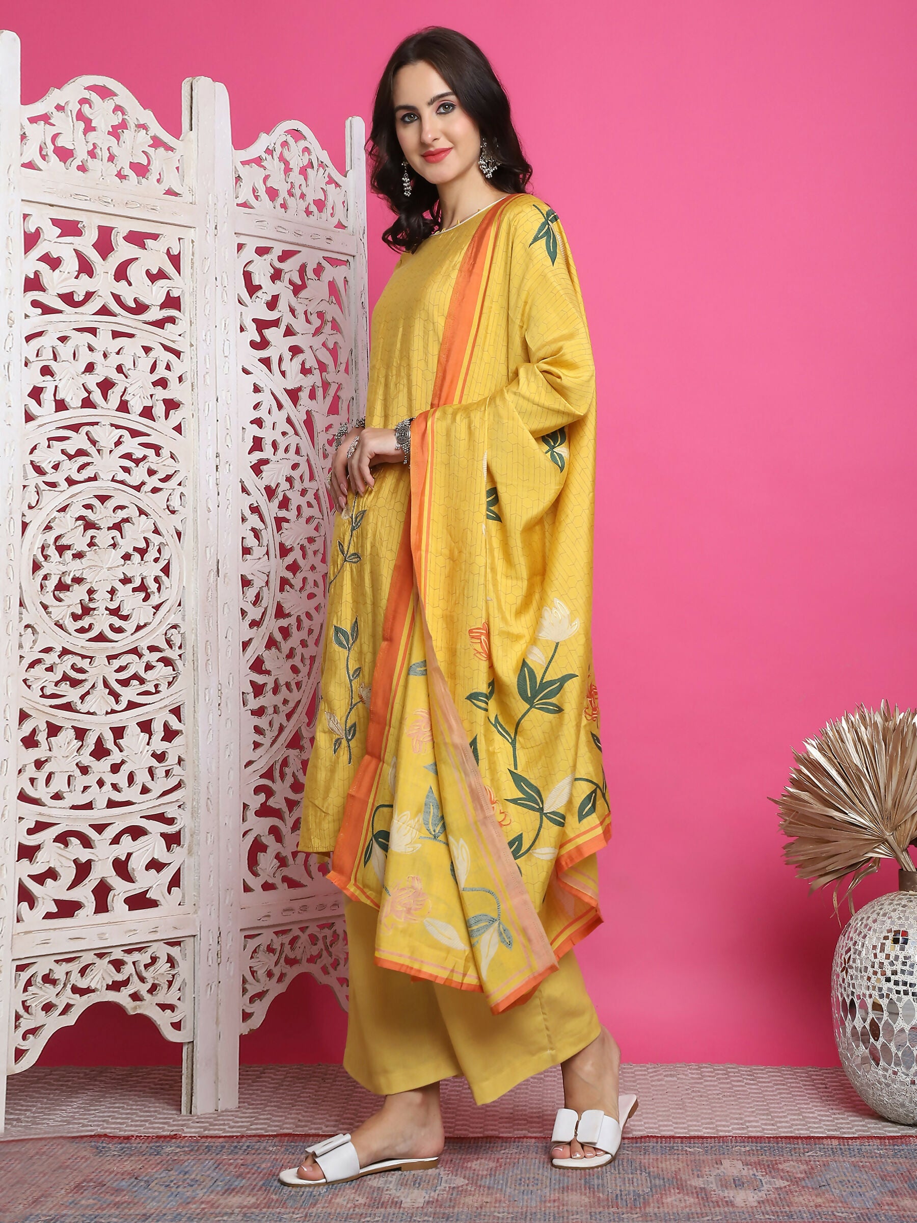 Jyoti Fashion Women's Yellow Muslin Floral Print with Jari & Crystal work Kurta with Trouser & Dupatta - Distacart