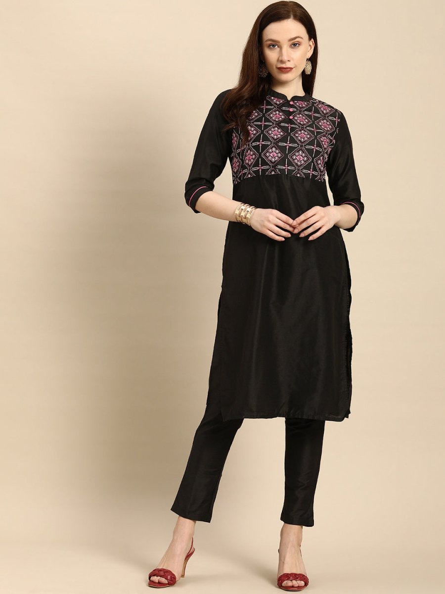All About You Women Black Embroidered Kurta with Trousers - Distacart