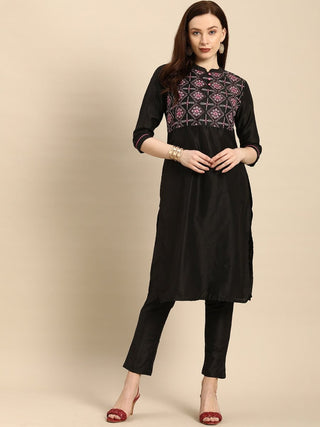 All About You Women Black Embroidered Kurta with Trousers - Distacart