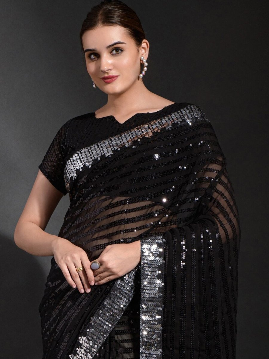 Anouk Black & Silver-Toned Embellished Sequinned Pure Georgette Saree - Distacart