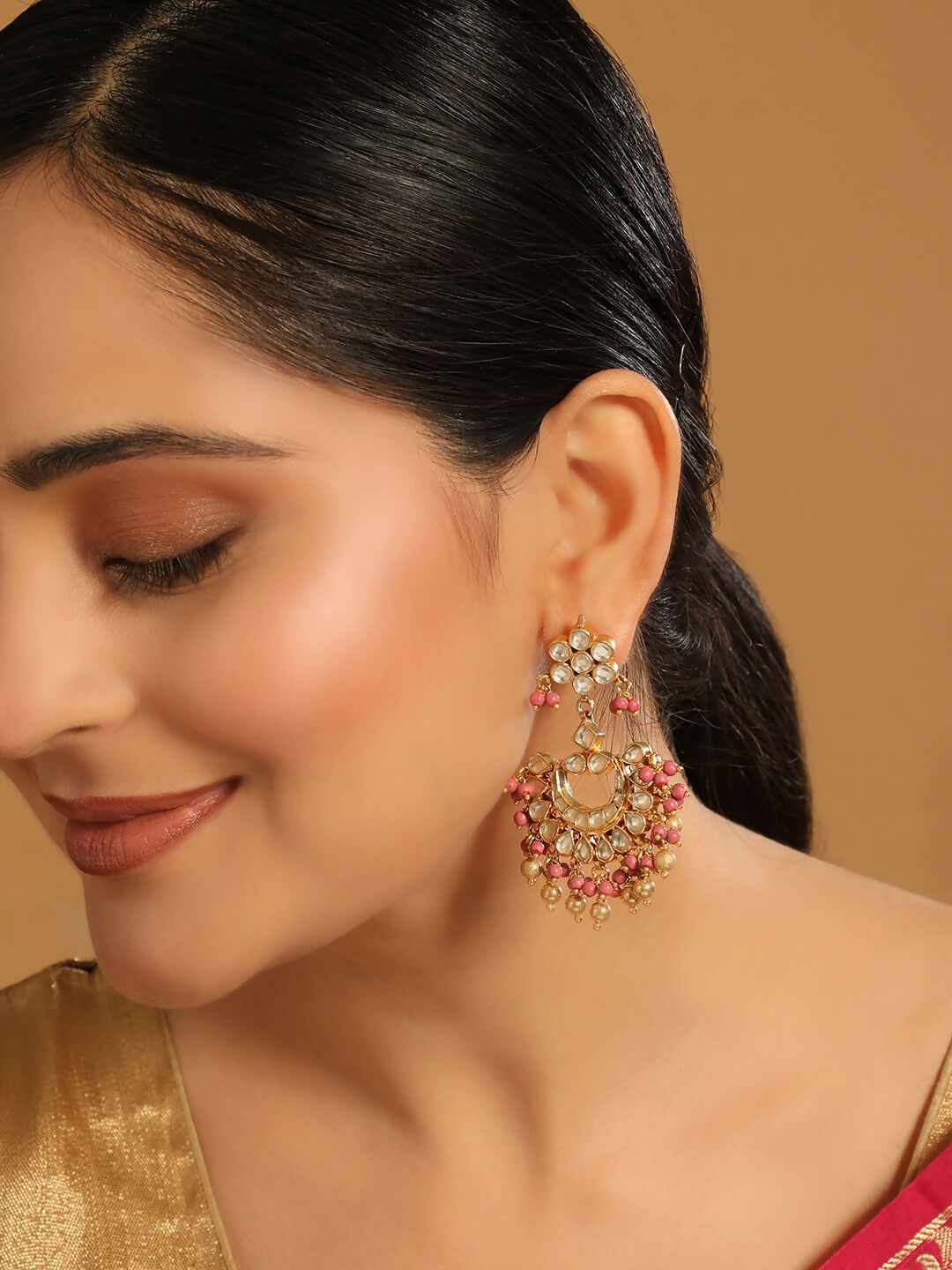 Nuyug 22k Gold-Plated Kundan Chandbali Earrings with Pink Stones