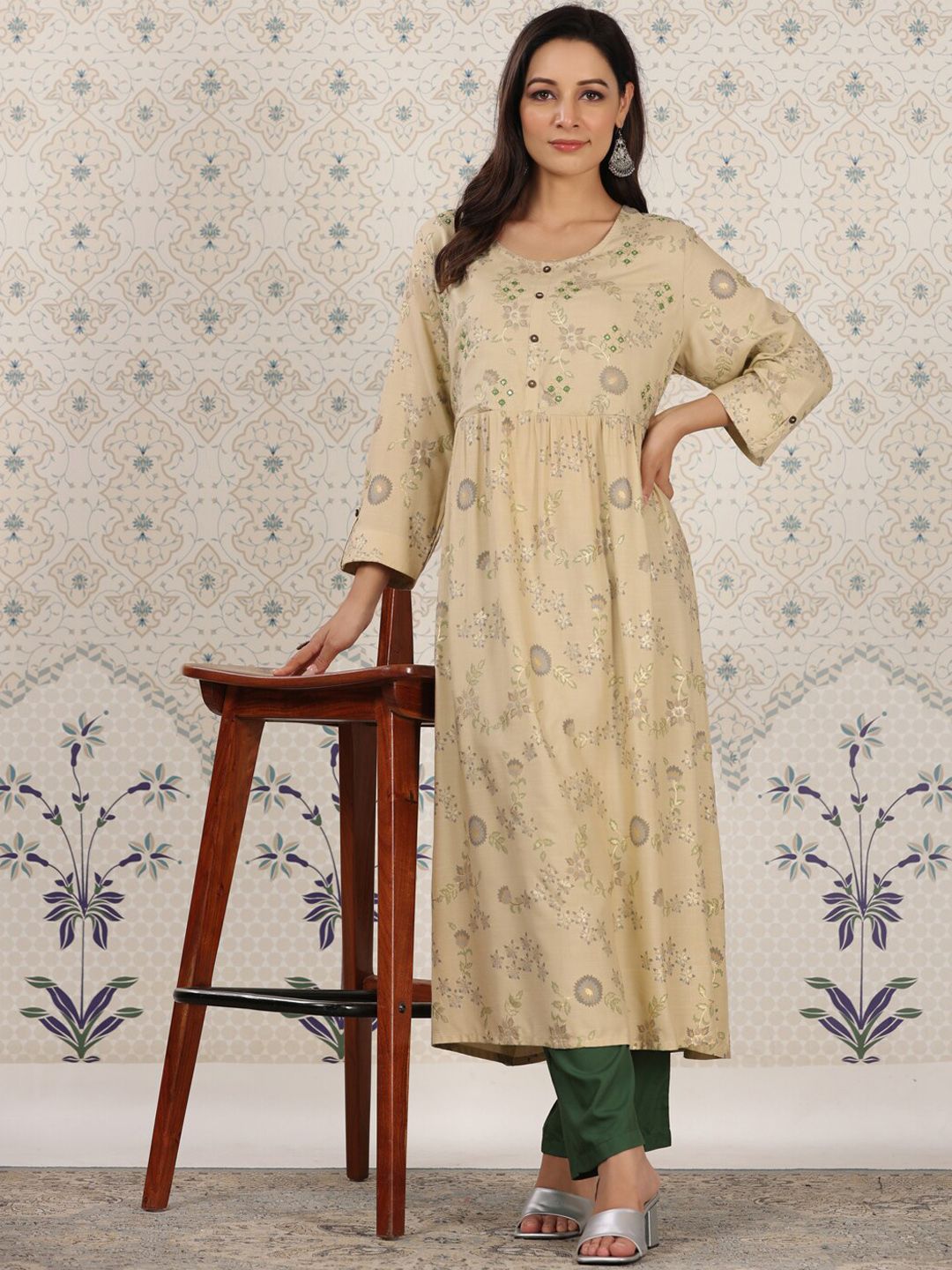 Ode by House of Pataudi Ethnic motifs Printed Mirror Work Detailed A-Line Kurta - Distacart