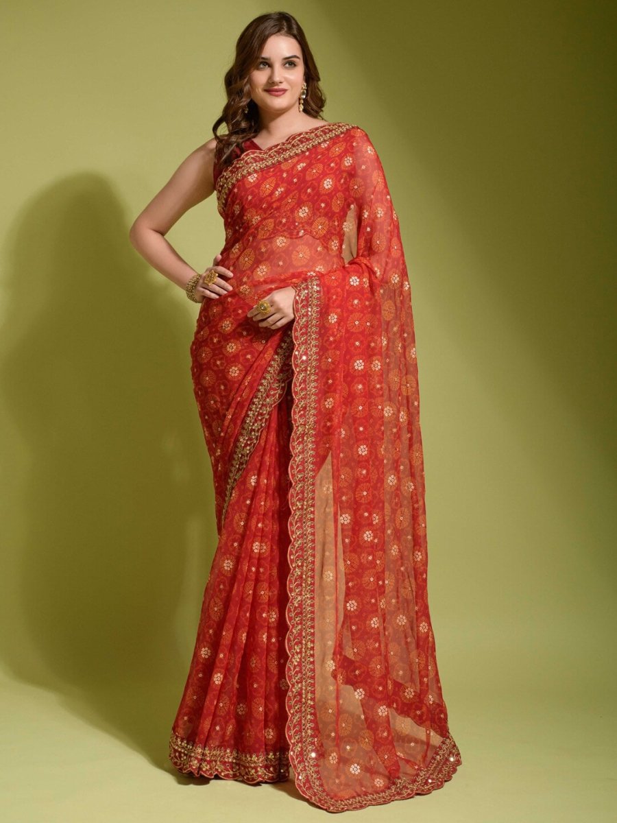 Anouk Red & Yellow Ethnic Motifs Printed Embroidered Saree - Distacart