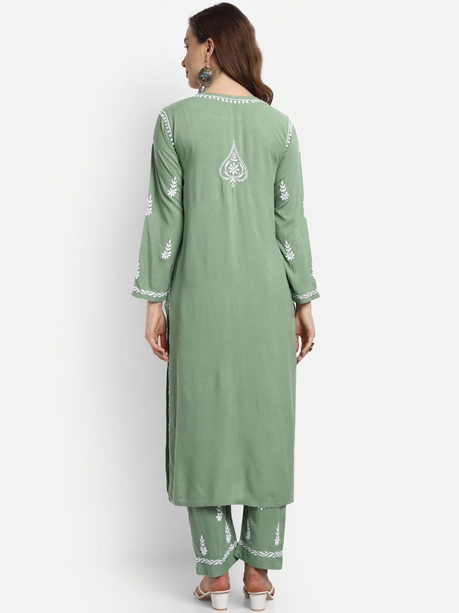 ADA Ethnic Motifs Embroidered Chikankari Kurta with Trousers - Distacart