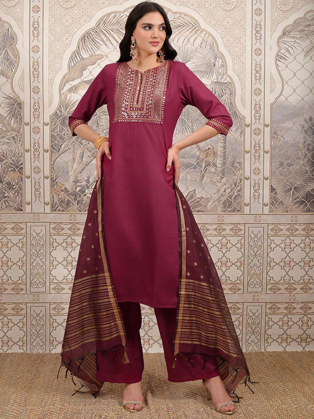 Vishudh Ethnic Motifs Yoke Design Straight Kurta with Palazzos & With Dupatta - Distacart