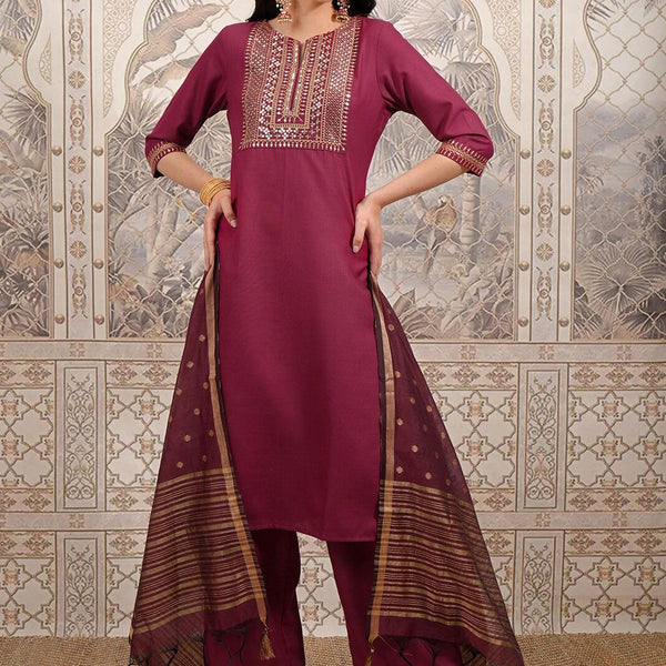 Vishudh Ethnic Motifs Yoke Design Straight Kurta with Palazzos & With Dupatta - Distacart