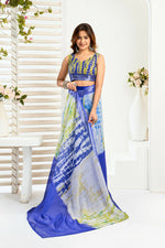 Thumbnail for Vastranavya Blue Digital Printed Linen Ready To Wear Designer Saree with Unstitched Blouse - Distacart