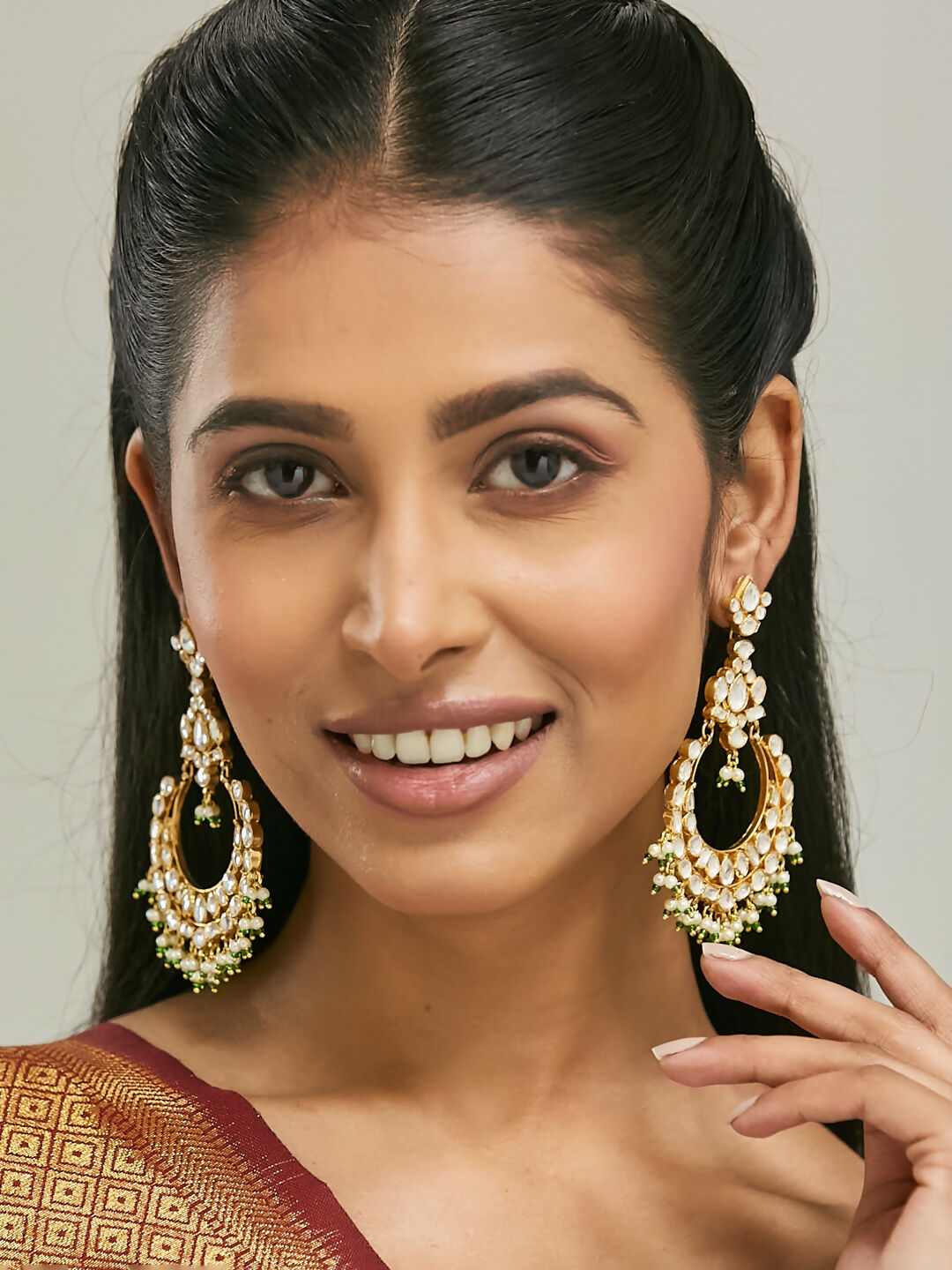 Nuyug 22K Gold-Plated Elegant Kundan Studded & Beaded Floral Chandbali Earrings