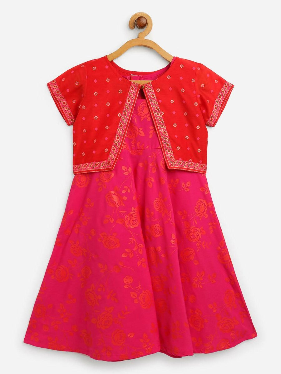 Ahalyaa Pink Crepe Floral Printed Kids Kurta with Jacket For Girls - Distacart