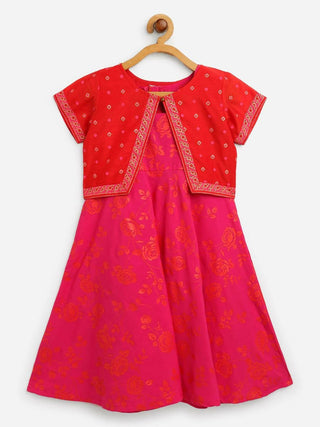 Ahalyaa Pink Crepe Floral Printed Kids Kurta with Jacket For Girls - Distacart
