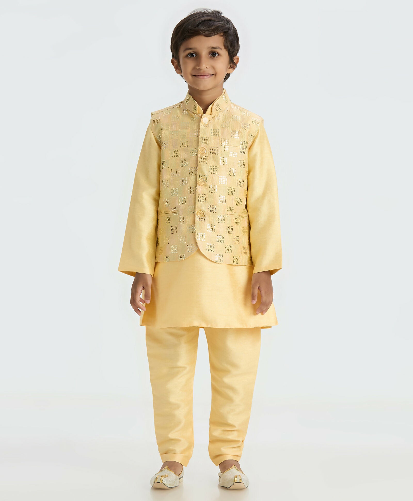 Joban Fashion Kids Island Elegant Box Sequence work Nehru Jacket Full Sleeves Kurta, Pyjama Set - Golden - Distacart
