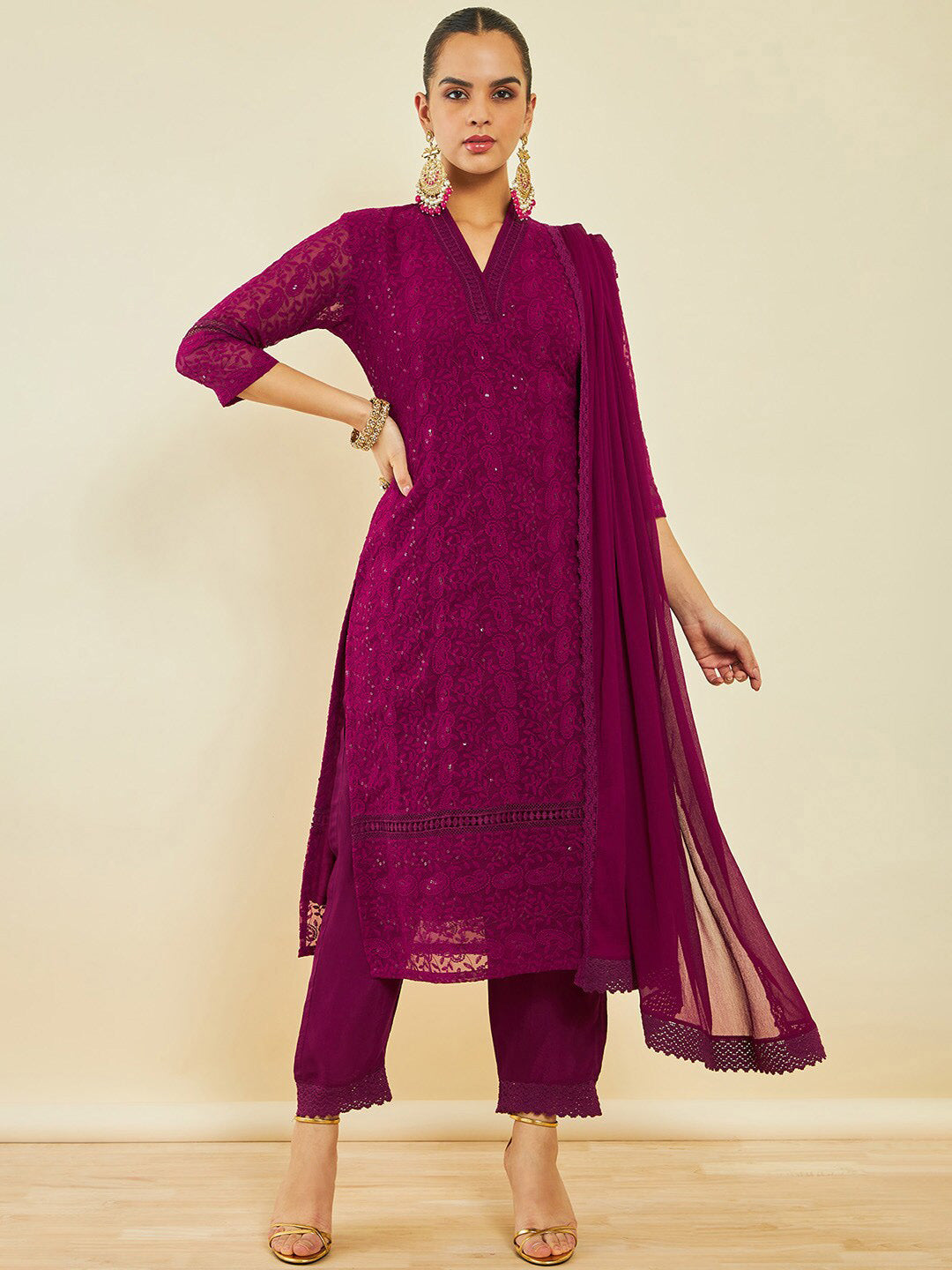 Soch Paisley Embroidered Sequinned Kurta With Trousers & Dupatta - Distacart