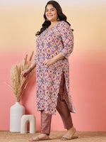 Thumbnail for Sztori Plus Size Ethnic Motifs Printed V-Neck Crepe Straight Kurta