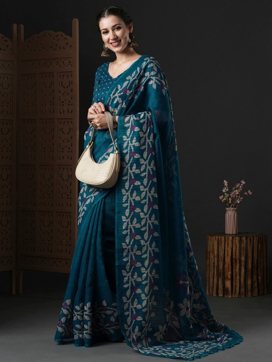 Anouk Teal & White Floral Printed Block Print Saree - Distacart