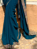 Thumbnail for Anouk Teal Blue Sequinned Pure Georgette Saree - Distacart