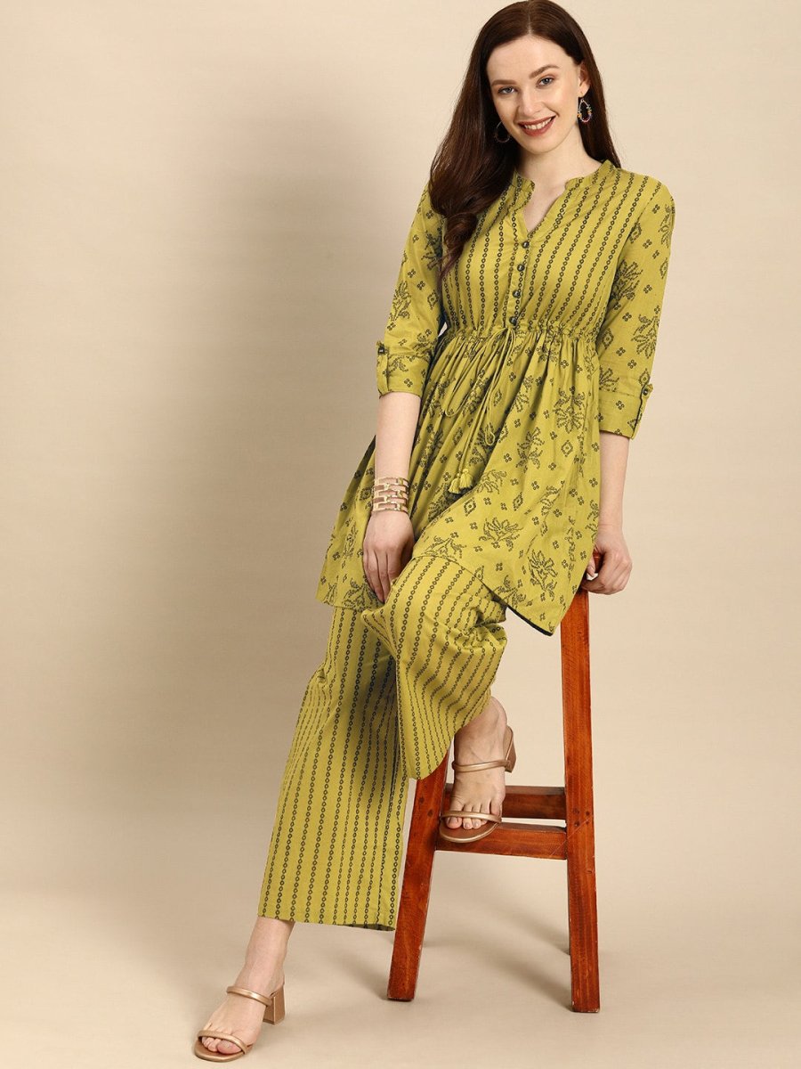 All About You Women Green Printed Pure Cotton Kurti with Palazzos - Distacart